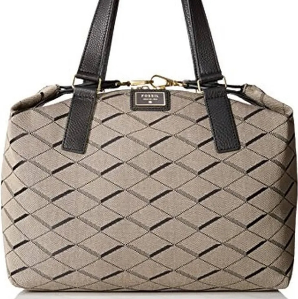 ✔️Fossil Beige Woven Satchel with Black Leather Handles, EUC